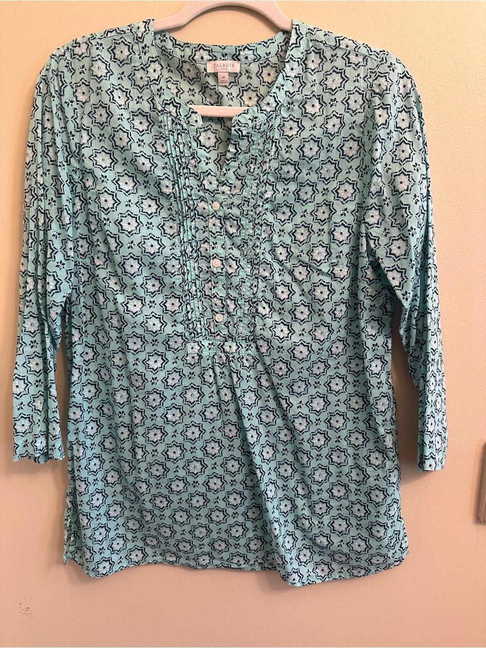 Talbots Light Teal Printed Pintuck Tunic Top Size Medium